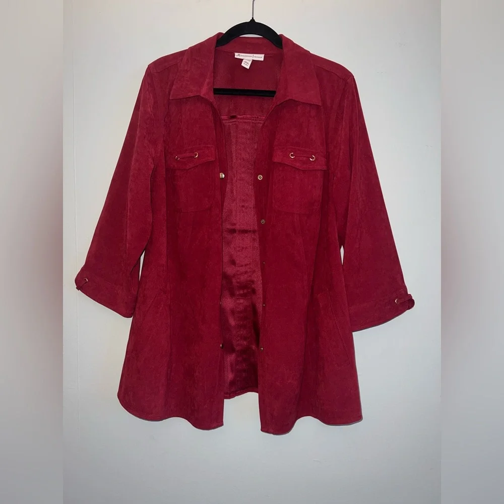 JM COLLECTION Women’s ¾ Sleeve Pockets Stretch Sueded Snap Button plus size 1X ✨ - Picture 1 of 7